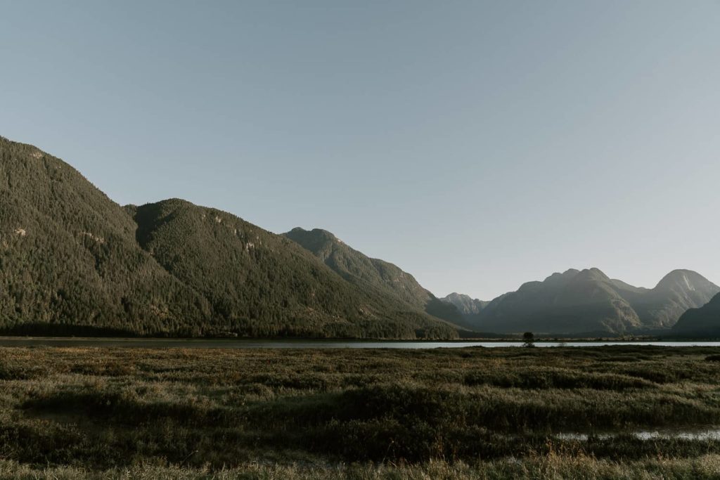 mountains with sunrise at pitt lake