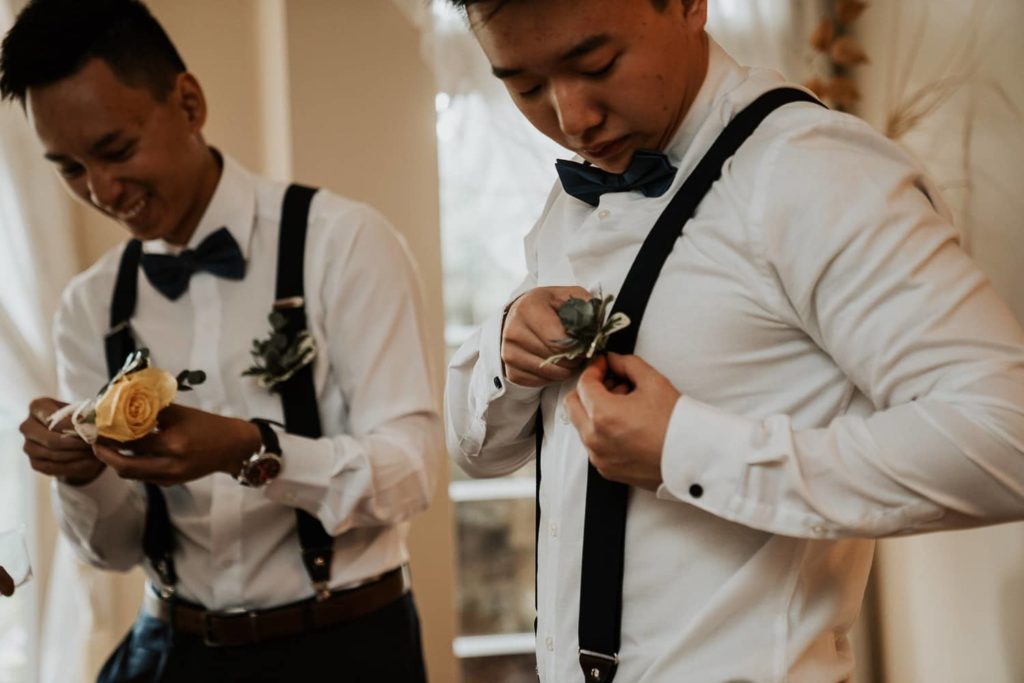 Groomsmen Preparation Boutonniere Flower on shirt